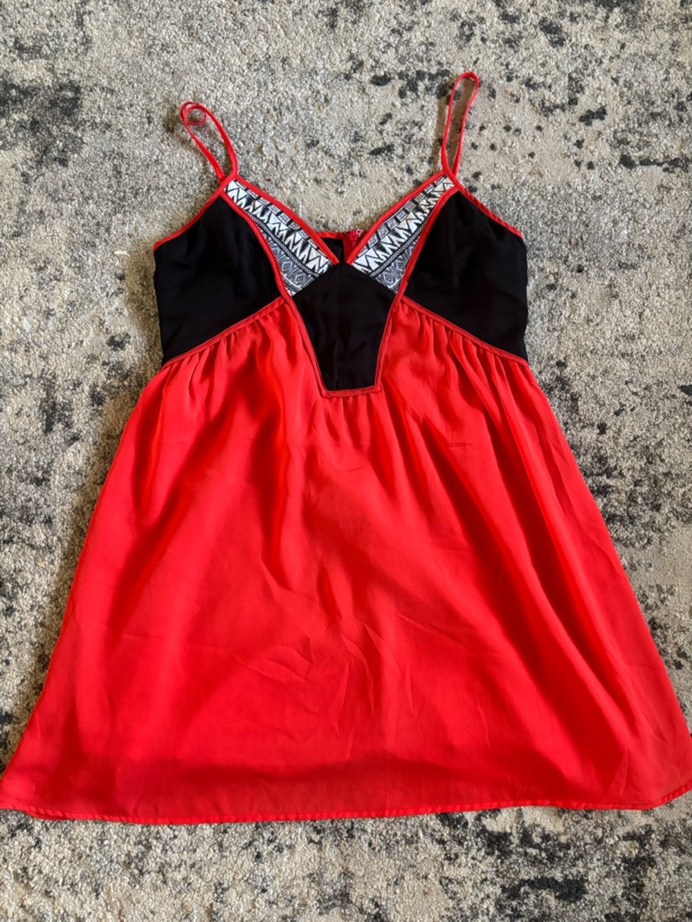 TCEC boutique dress. Red & Black Spaghetti Strap Dress with Geometric Trim